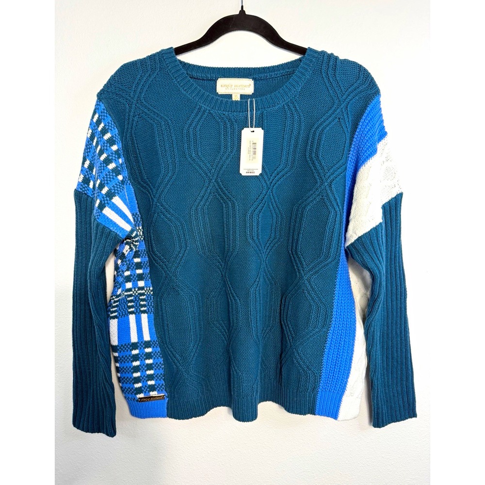 Simply Southern Womens Cable-Knit Colorblock Pullover Sweater XL Blue/White